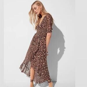 Express Smocked Waist Hi-Lo Cheetah Dress L Ruffles V Neck Wedding Guest Chiffon